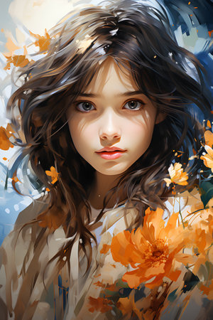 Beautiful young woman with autumn flowers in her hair. Vector illustration.の素材