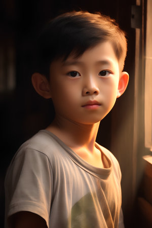 Portrait of asian boy looking at the camera on dark backgroundの素材