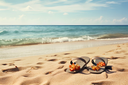 Flip flops on the beach with sea in the background.の素材