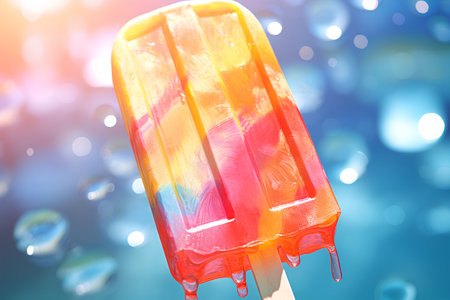 Colorful ice cream on a stick on a blue bokeh backgroundの素材