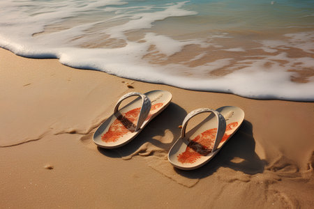 Flip-flops on the sand of a tropical beach.の素材