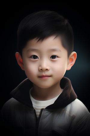 Portrait of asian little boy on black background with copy spaceの素材