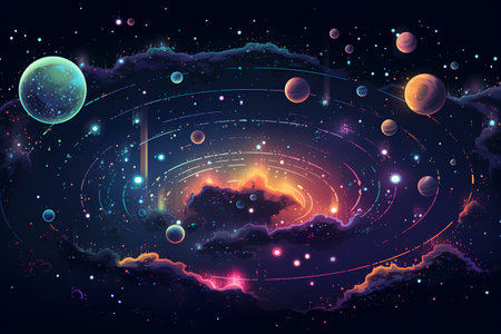 Cosmic space background with planets, stars and nebula. Vector illustration.の素材