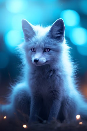 Portrait of a fox on a blue bokeh background.の素材