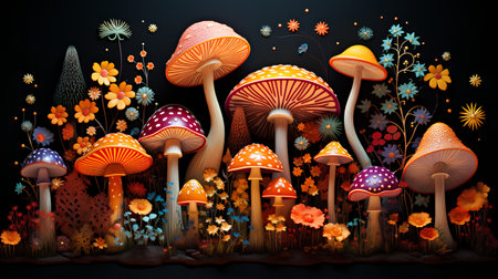 Mushroom forest on a black background. Vector illustration for your designの素材