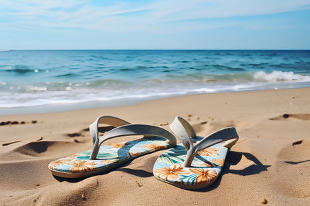 Pair of flip flops on the beach sand with sea backgroundの素材