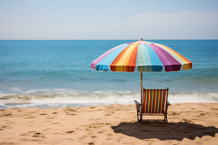 Colorful umbrella and deck chair on the beach with blue sea backgroundの素材