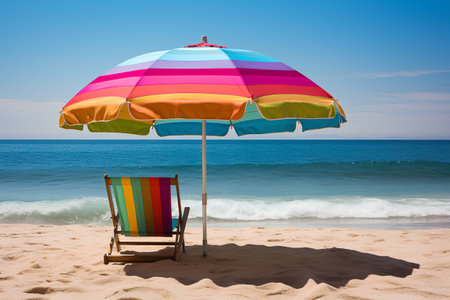 Colorful umbrella and deck chair on the beach. 3d renderingの素材