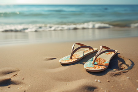Flip-flops on the sand beach near the sea.の素材