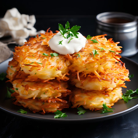 Potato pancakes with sour cream and parsley on a black plateの素材