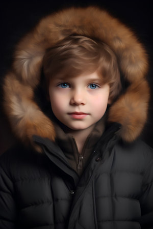 portrait of a beautiful little girl in a fur coat on a dark backgroundの素材