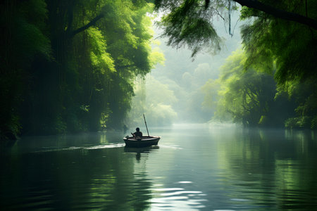 Man rowing a boat on the river in the misty forestの素材