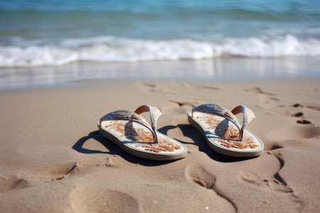 Pair of flip flops on a sandy beach near the seaの素材