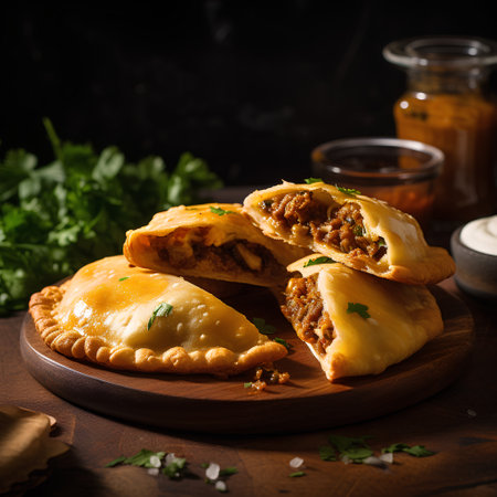 Traditional georgian empanadas with meat and cheese on a wooden boardの素材