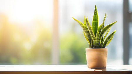 Sansevieria plant in a pot on the windowsill.の素材