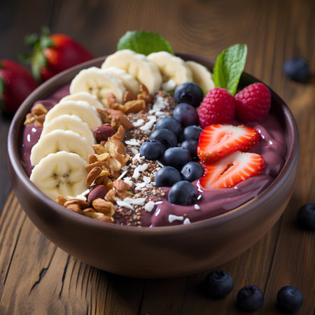 Healthy breakfast bowl with yogurt, berries, granola and nutsの素材