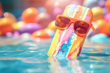 Colorful ice cream with sunglasses in swimming pool. 3d renderingの素材