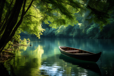 Boat on the lake in the forest. Beautiful summer landscape.の素材