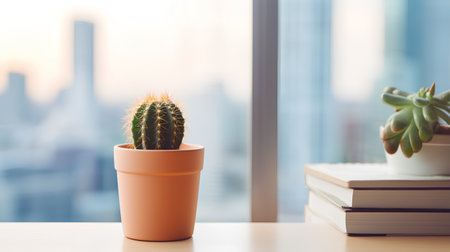 Cactus in a pot on the windowsill with books and city viewの素材
