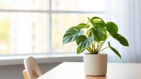 Houseplant in a white pot on a wooden table near the windowの素材