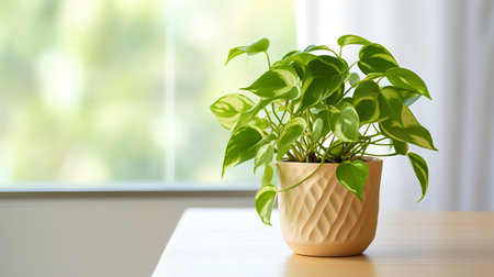 Houseplant in a pot on a wooden table in front of a windowの素材