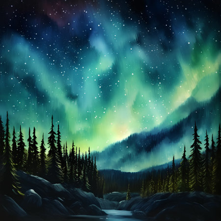 Fantasy landscape with northern lights and stars in the night sky.の素材