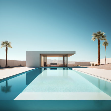 3d rendering of modern house with swimming pool and tropical palm treesの素材