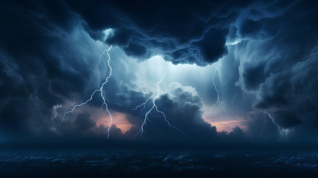 Lightning in the dark stormy sky. 3D illustration.の素材