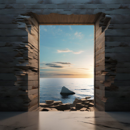 Open door to the sea and sky at sunset. 3D renderingの素材