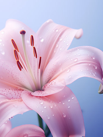 Beautiful pink lily flower with water drops on blue background.の素材