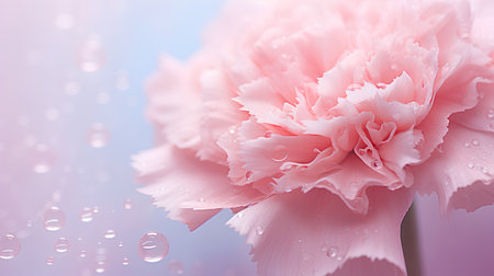 Close up of pink carnation flower with water drops on blue backgroundの素材