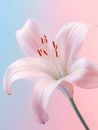 White lily flower on a blue-pink gradient background.の素材