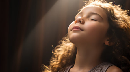 Portrait of a beautiful young girl with closed eyes. Studio shot.の素材
