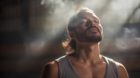 Handsome young man in sportswear smoking electronic cigarette.の素材