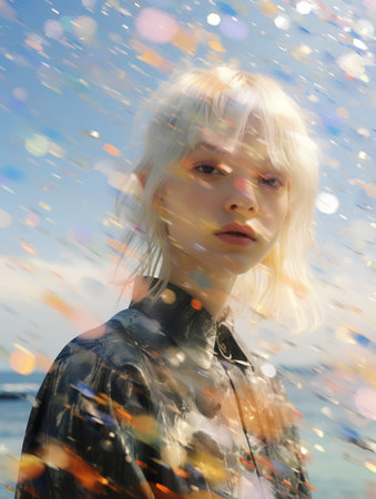 Portrait of a beautiful blonde girl in a black leather jacket on the background of the sea.の素材