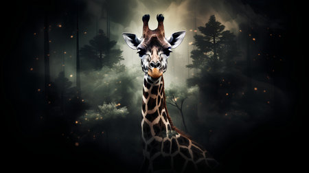 Giraffe in the forest at night. 3D illustration.の素材