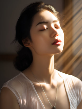 Portrait of a beautiful young asian woman with closed eyes.の素材