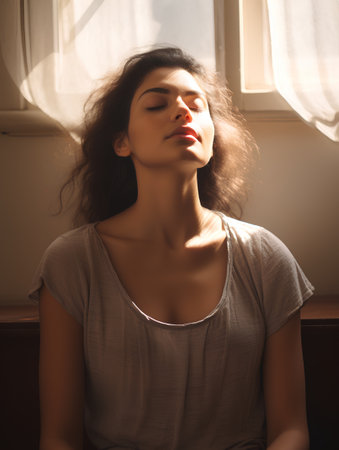 Portrait of beautiful young woman with long curly hair sitting on window sillの素材