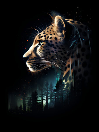 Leopard in the forest at night. Vector illustration of wild animal.の素材