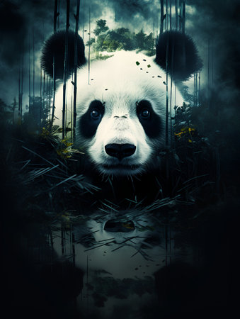 A giant panda in a dark forest. 3D rendering.の素材