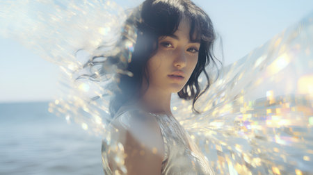 Portrait of a beautiful young woman with long black hair on the beachの素材