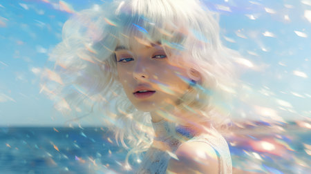 portrait of a beautiful blond girl on the background of the seaの素材