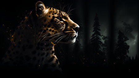 leopard in the forest at night, digital painting, illustration.の素材