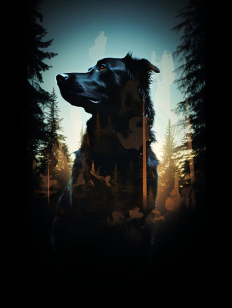 Black dog in the forest. Collage with a silhouette of a dog.の素材