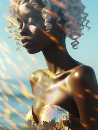 3d illustration of a beautiful woman with curly hair and golden jewelryの素材