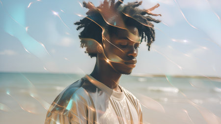 Portrait of a young African-American man with dreadlocks on the beach.の素材