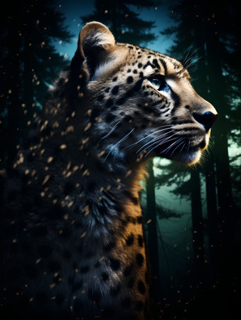Leopard in the night forest. Wildlife scene. 3D renderingの素材