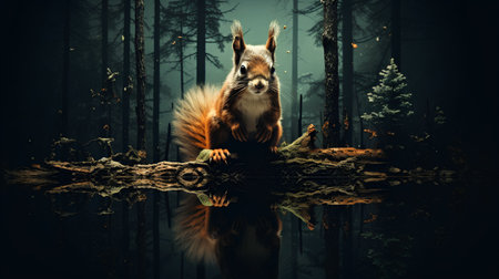 Red squirrel in the forest. Sciurus vulgaris. 3d renderの素材