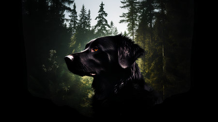 Portrait of a black Labrador retriever dog in a dark forestの素材