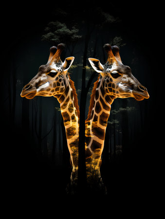 Two giraffes in the forest on a black background, digital paintingの素材